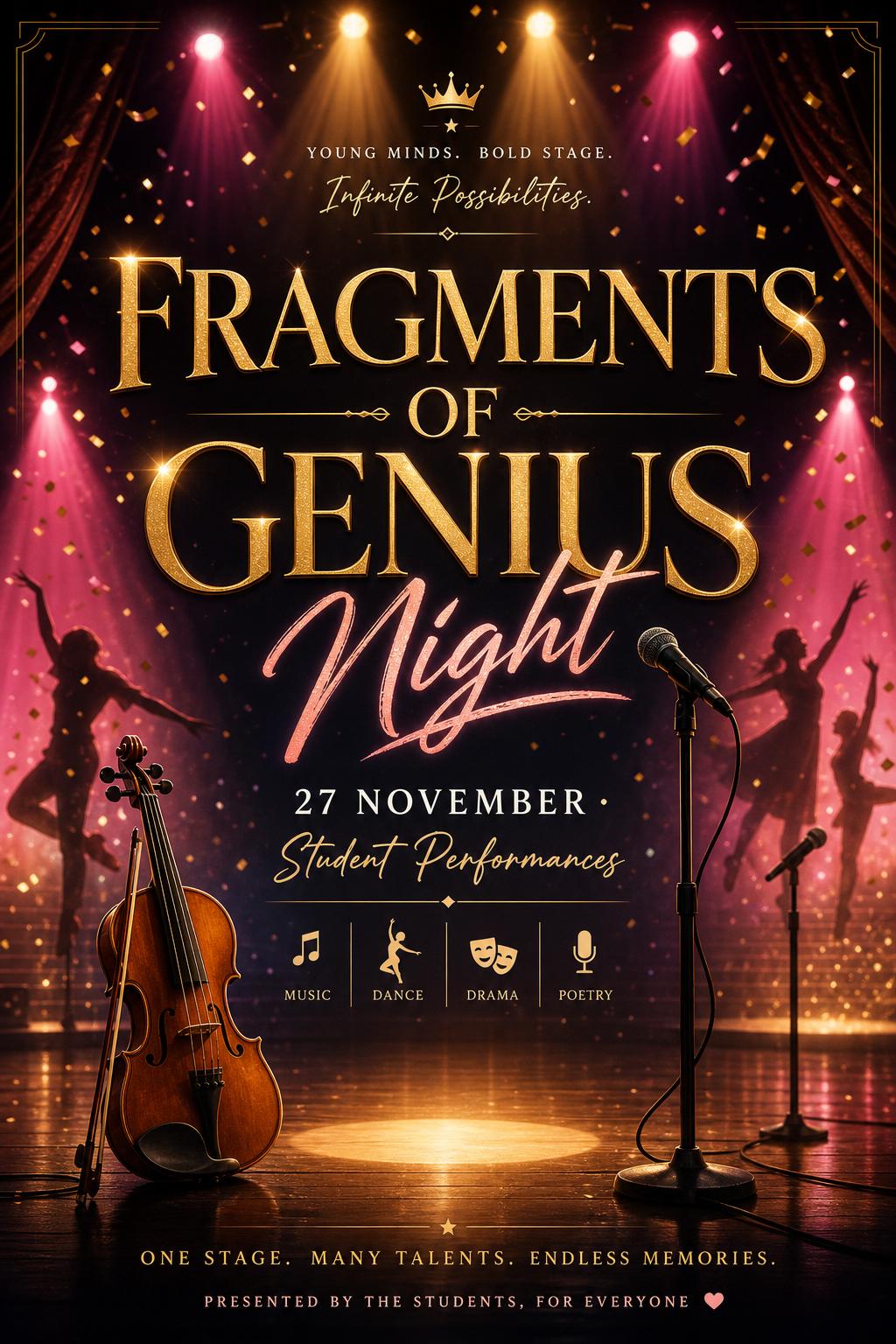 Fragments of Genius Night — Student performances from schools and colleges, 27 November 2026, Indira Gandhi Pratishthan